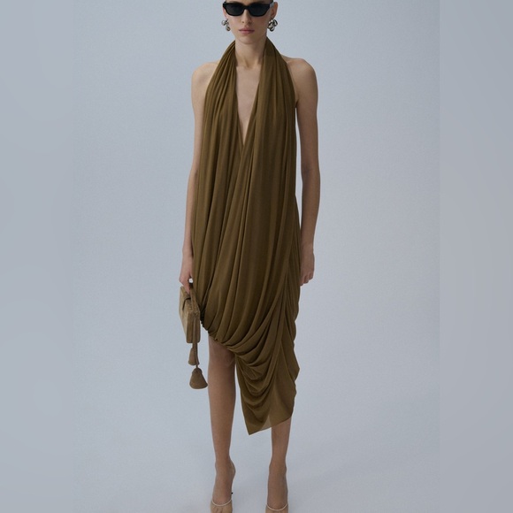 Helsa Dresses & Skirts - KOIR Stunning draped halter midi evening dress olive brown